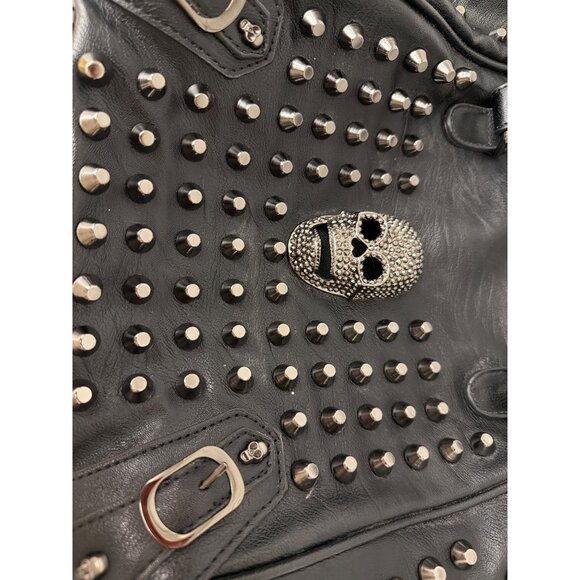 UTO Women's Black Faux Leather Skull Rivet Studded Large Tote Purse Handbag - Picture 9 of 16